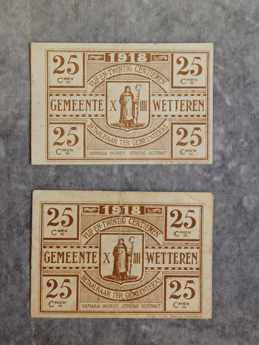Uniek lot historisch noodgeld WWI – Stad Gent en gemeente Wetteren (1914-1918) - foto 2