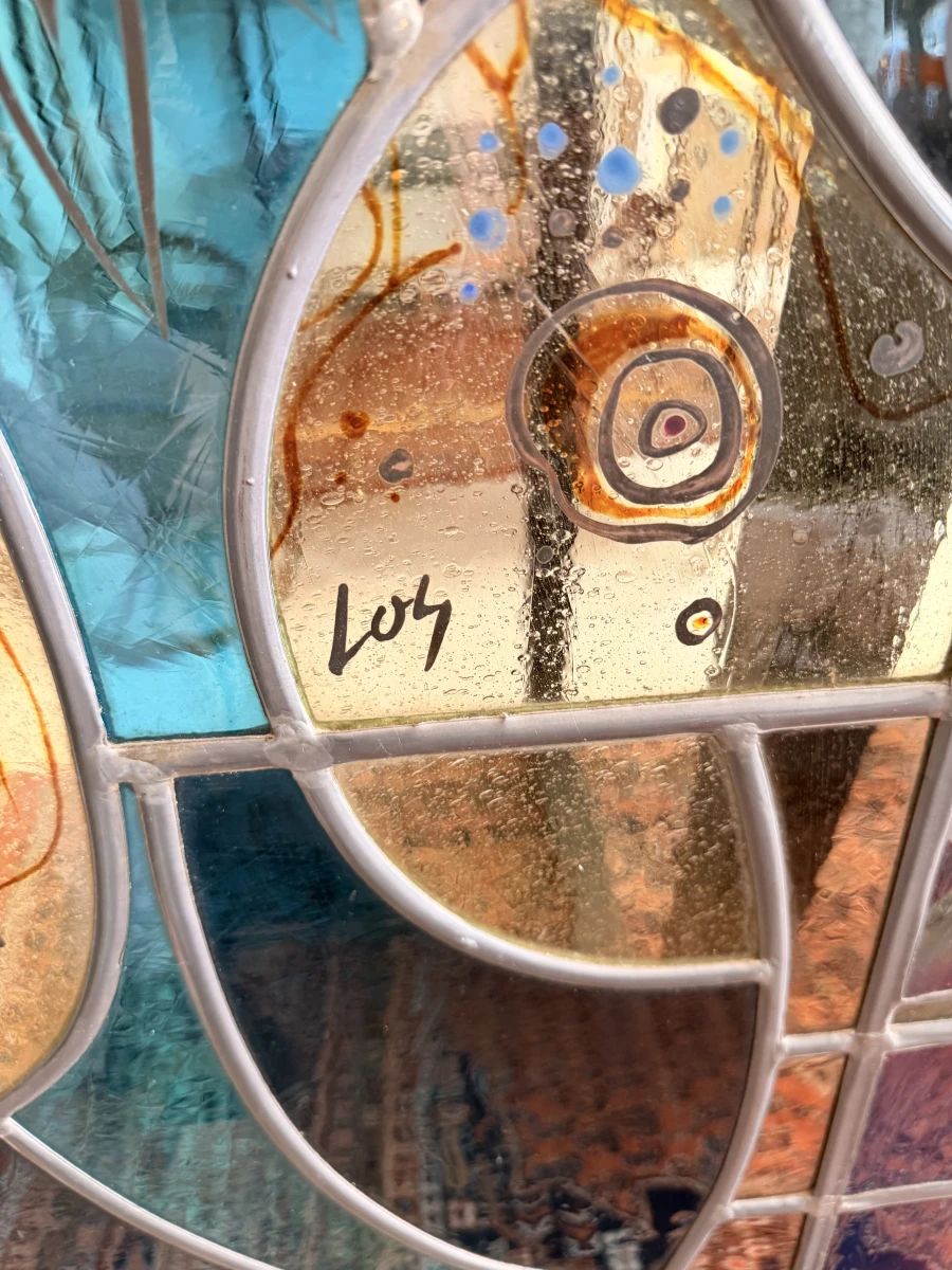 Glas-in-lood kunstwerk in lichtbak '' Vrouw met harp" door Cyriel Los - foto 4