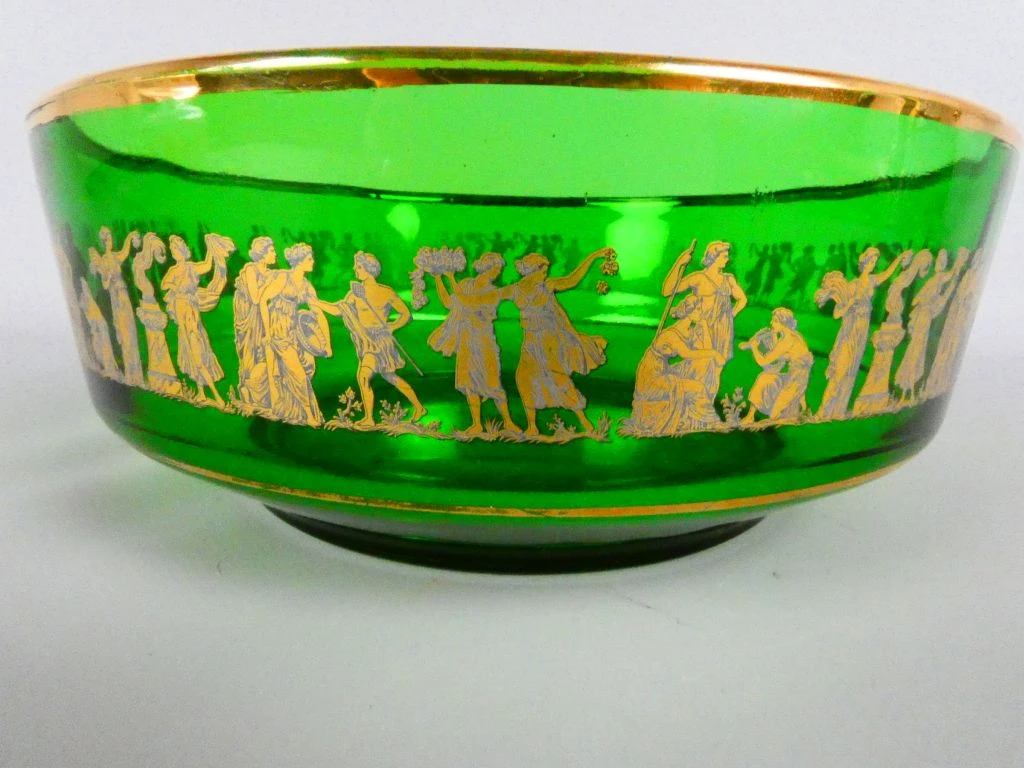 Groene glazen schaal met gouden decoratie - foto 2