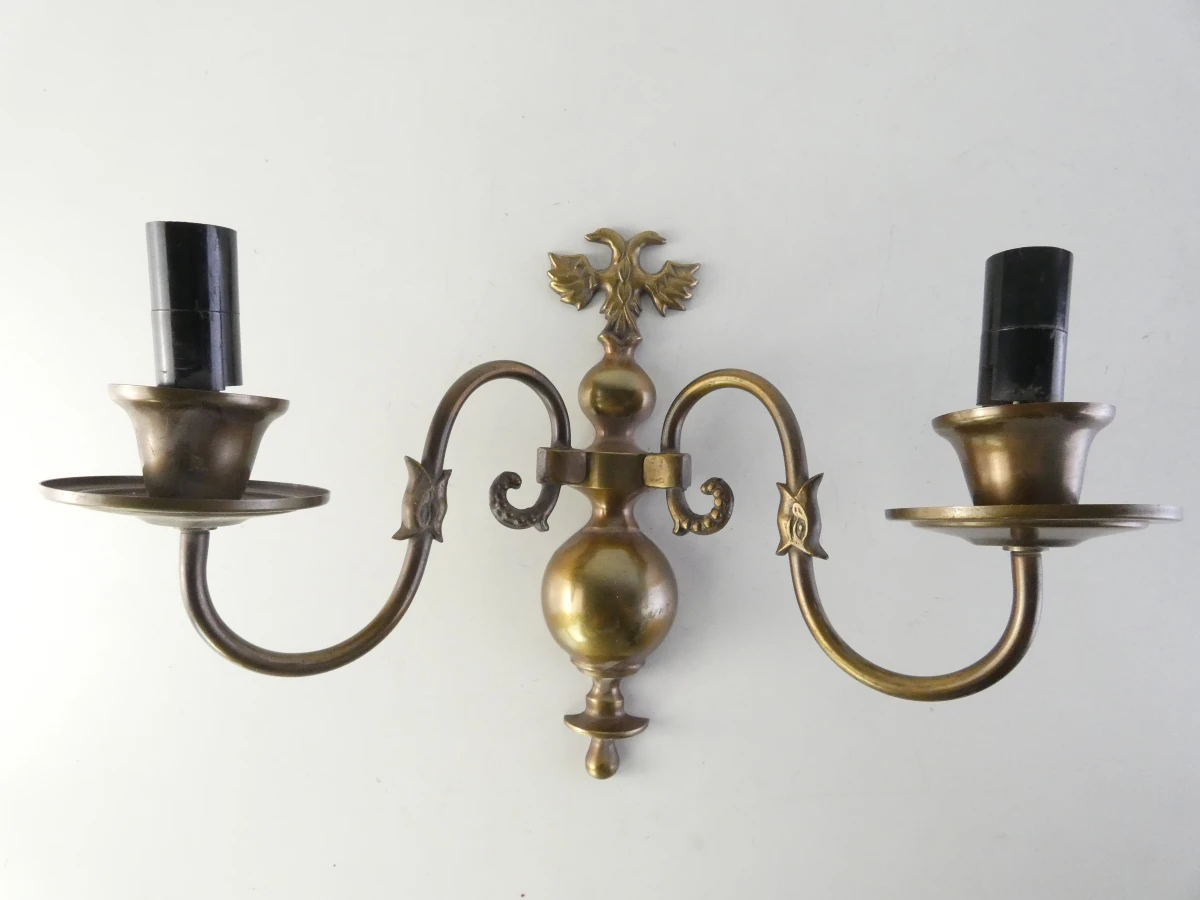 Paar vintage wandlampen van messing met dubbele armen - foto 2