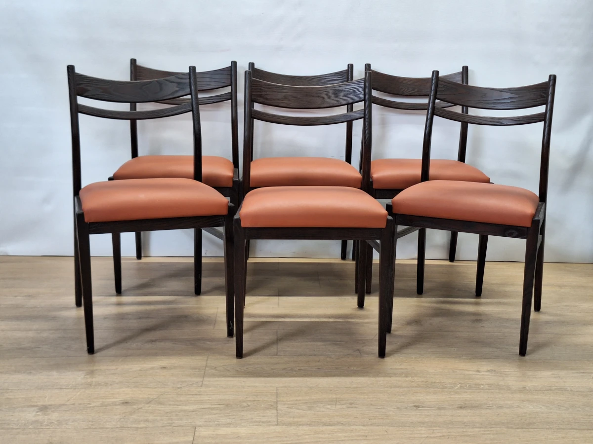 Set van 6 vintage Mid-Century eetkamerstoelen - donker hout & cognackleurige zitting - foto 2