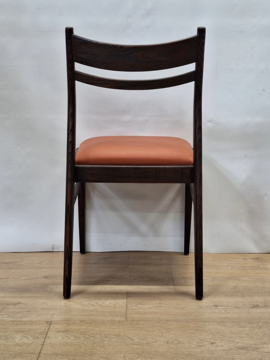Set van 6 vintage Mid-Century eetkamerstoelen - donker hout & cognackleurige zitting - foto 13