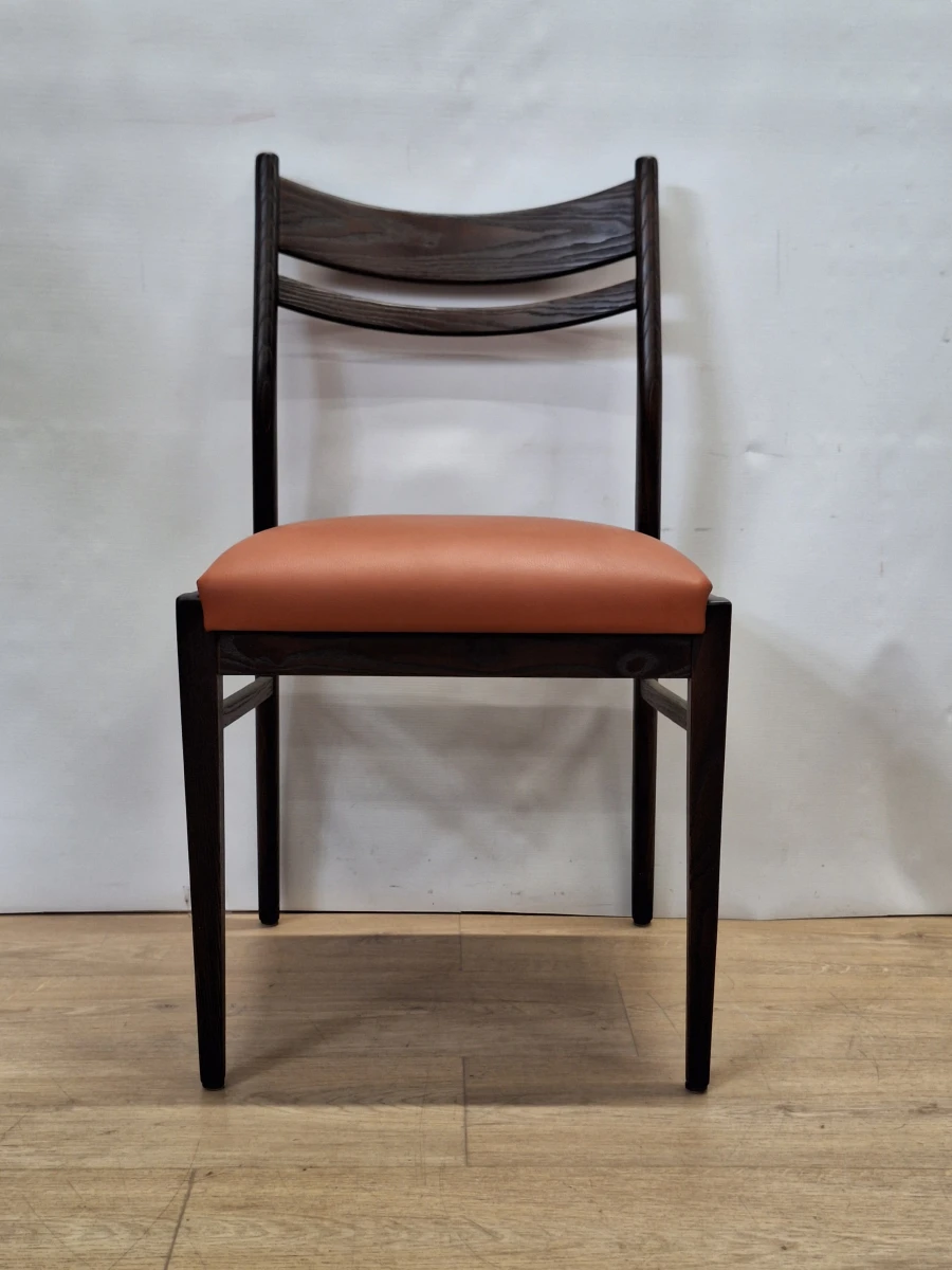Set van 6 vintage Mid-Century eetkamerstoelen - donker hout & cognackleurige zitting - foto 7