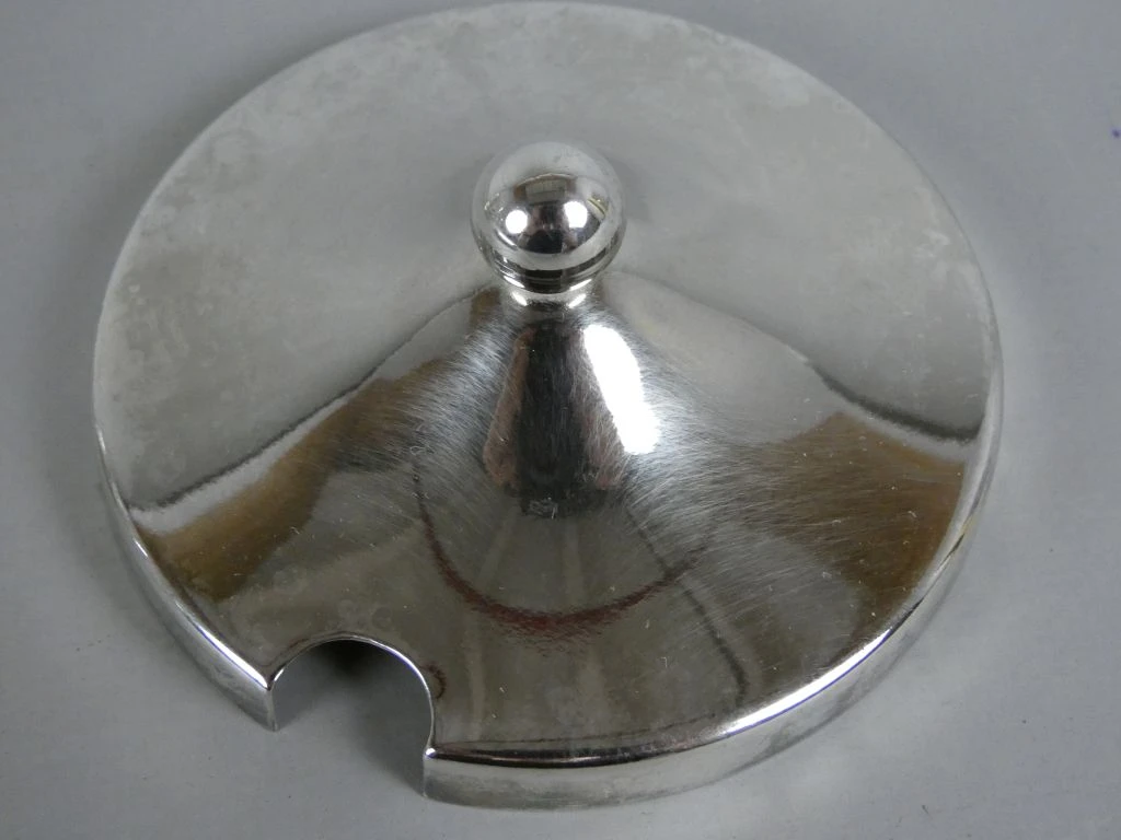 Glazen potje met zilverkleurig deksel, lepel en schotel - foto 4