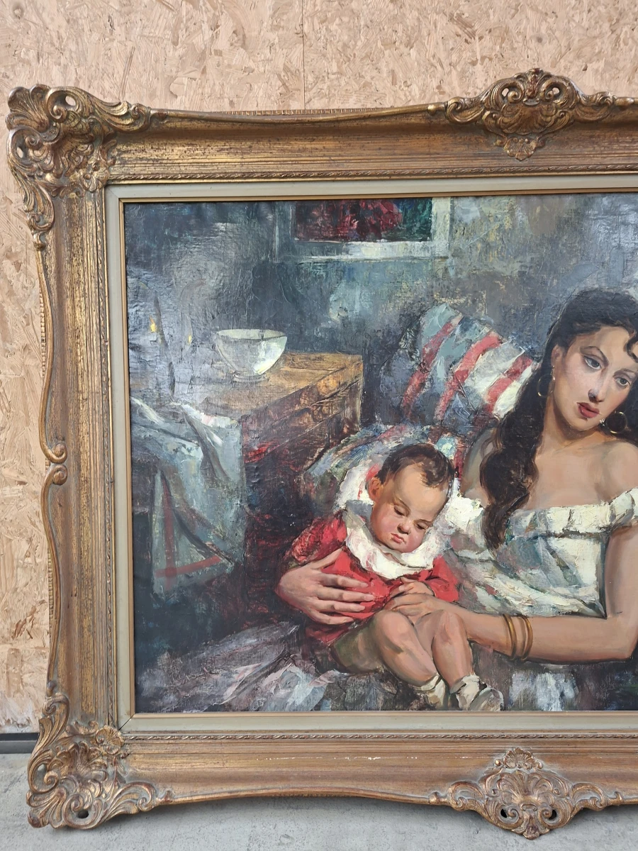🎨 Monumentaal Klassiek Olieverfschilderij "Moeder en Kind" in Prachtige Baroklijst (140x103 cm) – Professioneel Gerestaureerd 🎨 - foto 3