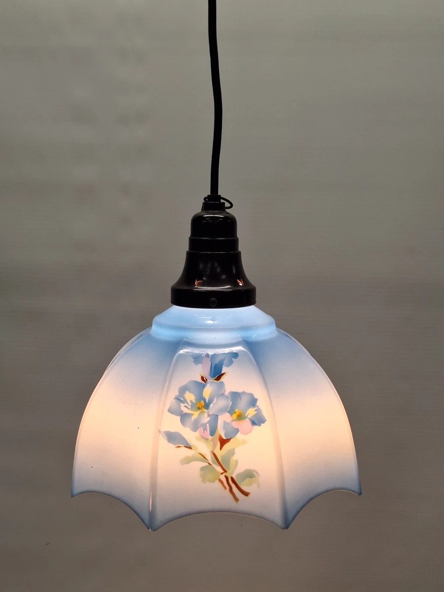 Vintage hanglamp met 3 extra verwisselbare opalineglazen kappen – handbeschilderd bloemendecor - foto 4