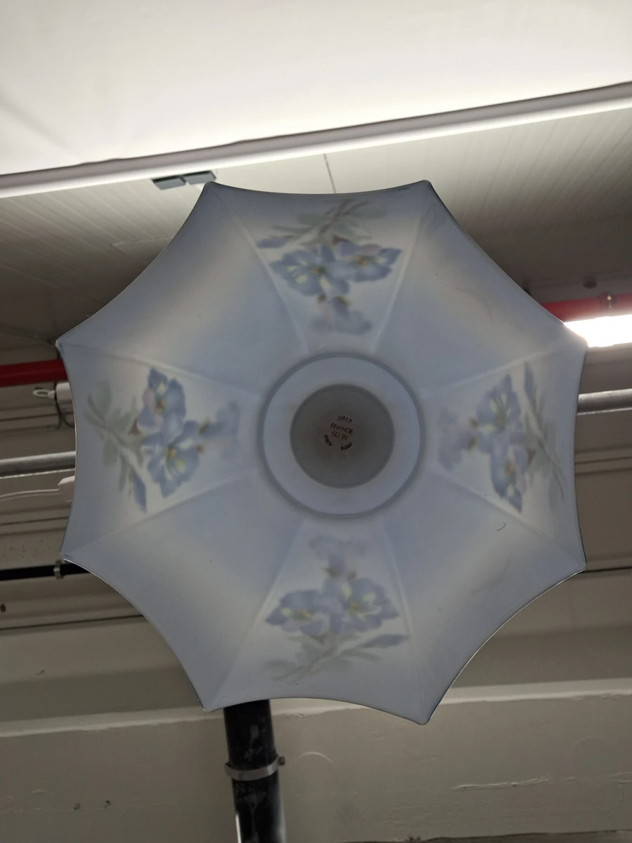 Vintage hanglamp met 3 extra verwisselbare opalineglazen kappen – handbeschilderd bloemendecor - foto 10