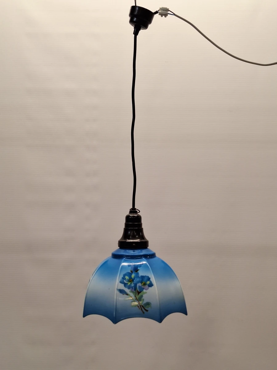 Vintage hanglamp met 3 extra verwisselbare opalineglazen kappen – handbeschilderd bloemendecor - foto 8