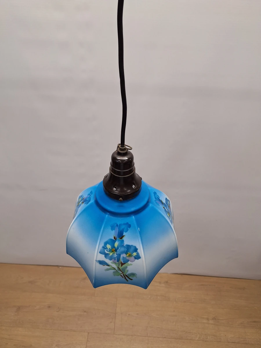 Vintage hanglamp met 3 extra verwisselbare opalineglazen kappen – handbeschilderd bloemendecor - foto 11