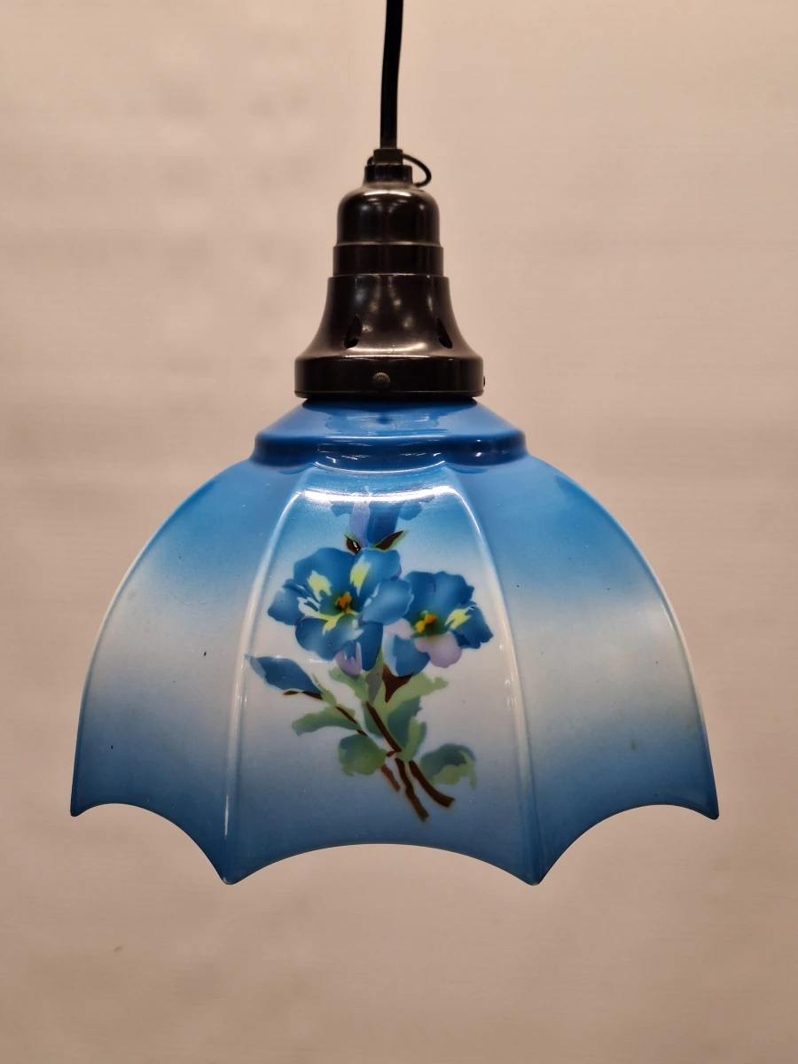 Vintage hanglamp met 3 extra verwisselbare opalineglazen kappen – handbeschilderd bloemendecor - foto 9
