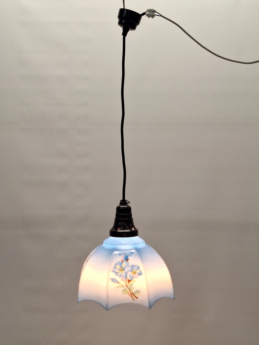 Vintage hanglamp met 3 extra verwisselbare opalineglazen kappen – handbeschilderd bloemendecor - foto 3