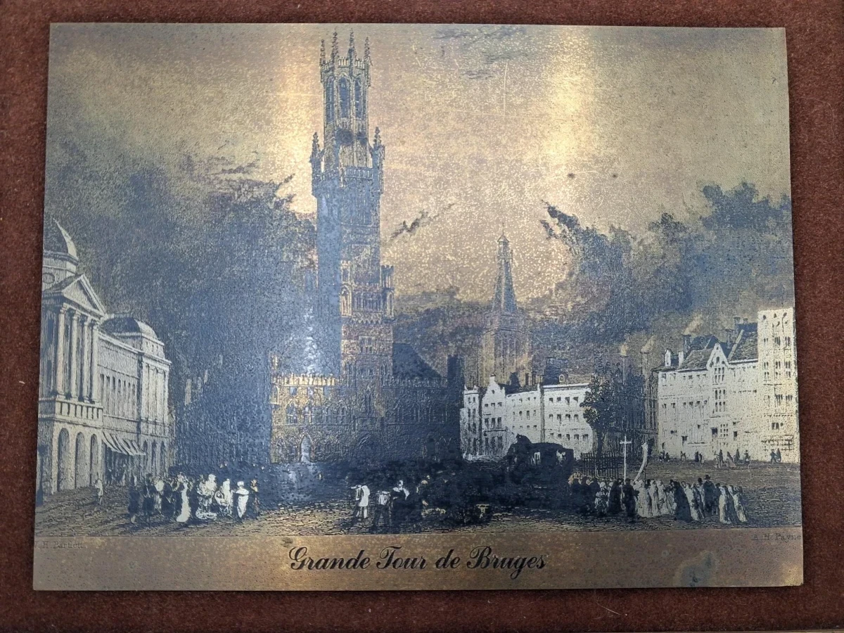 Metalen plaquette met een ets/gravure van het Belfort Brugge - foto 2