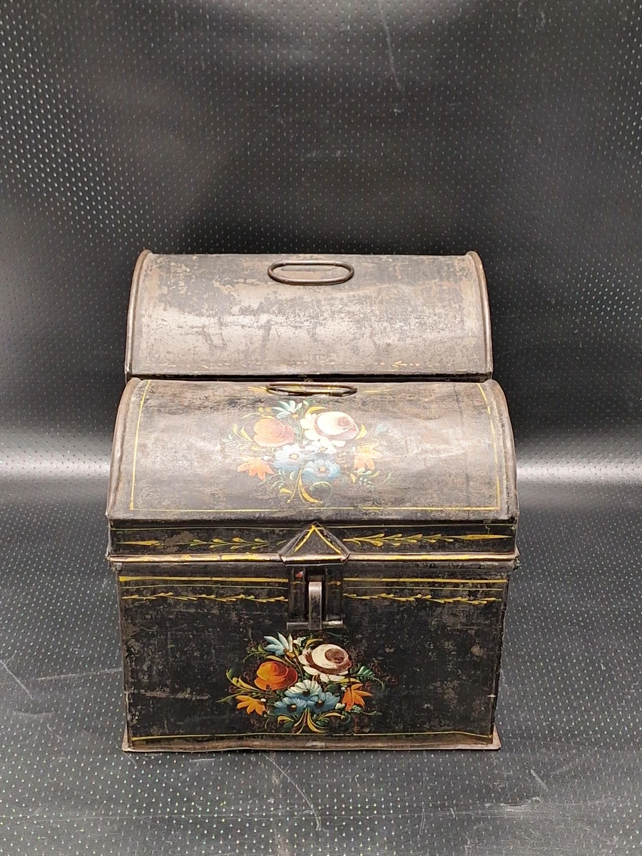 Set van 2 Antieke Antwerpse / Franse Handgeschilderde Blikken Schatkistjes - Volkskunst - foto 2