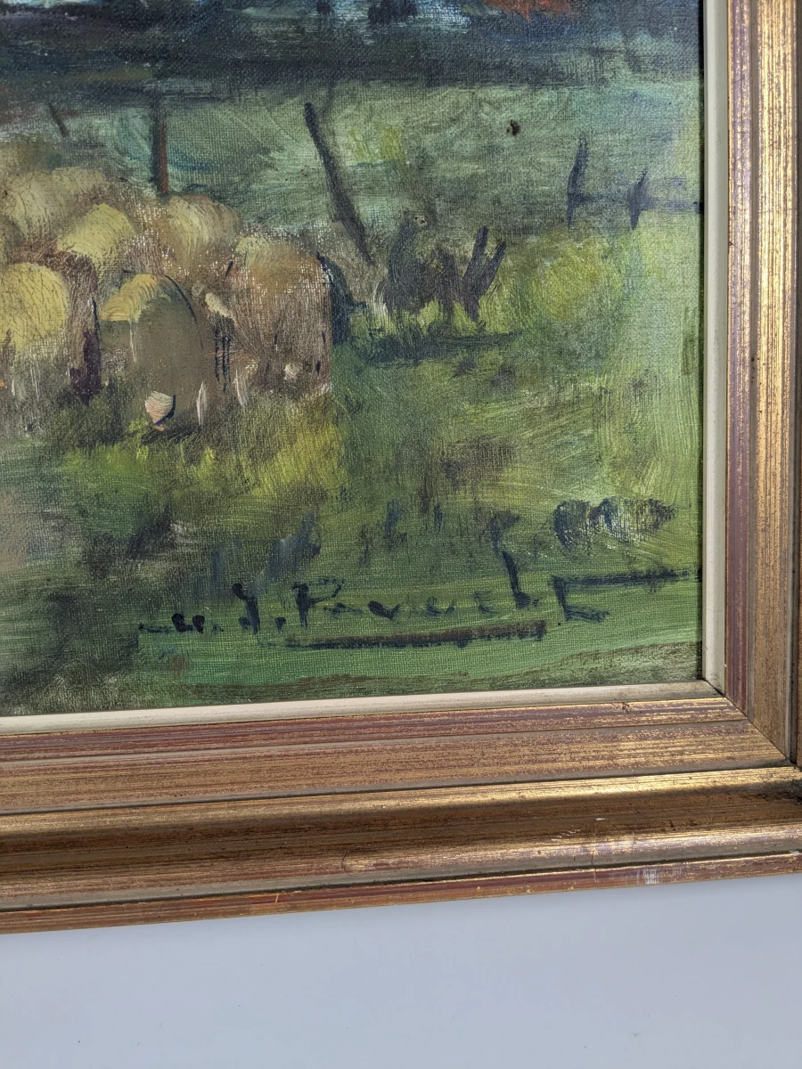 Olieverfschilderij landschapszicht met schapen van Pauwels Henri Joseph. - foto 2