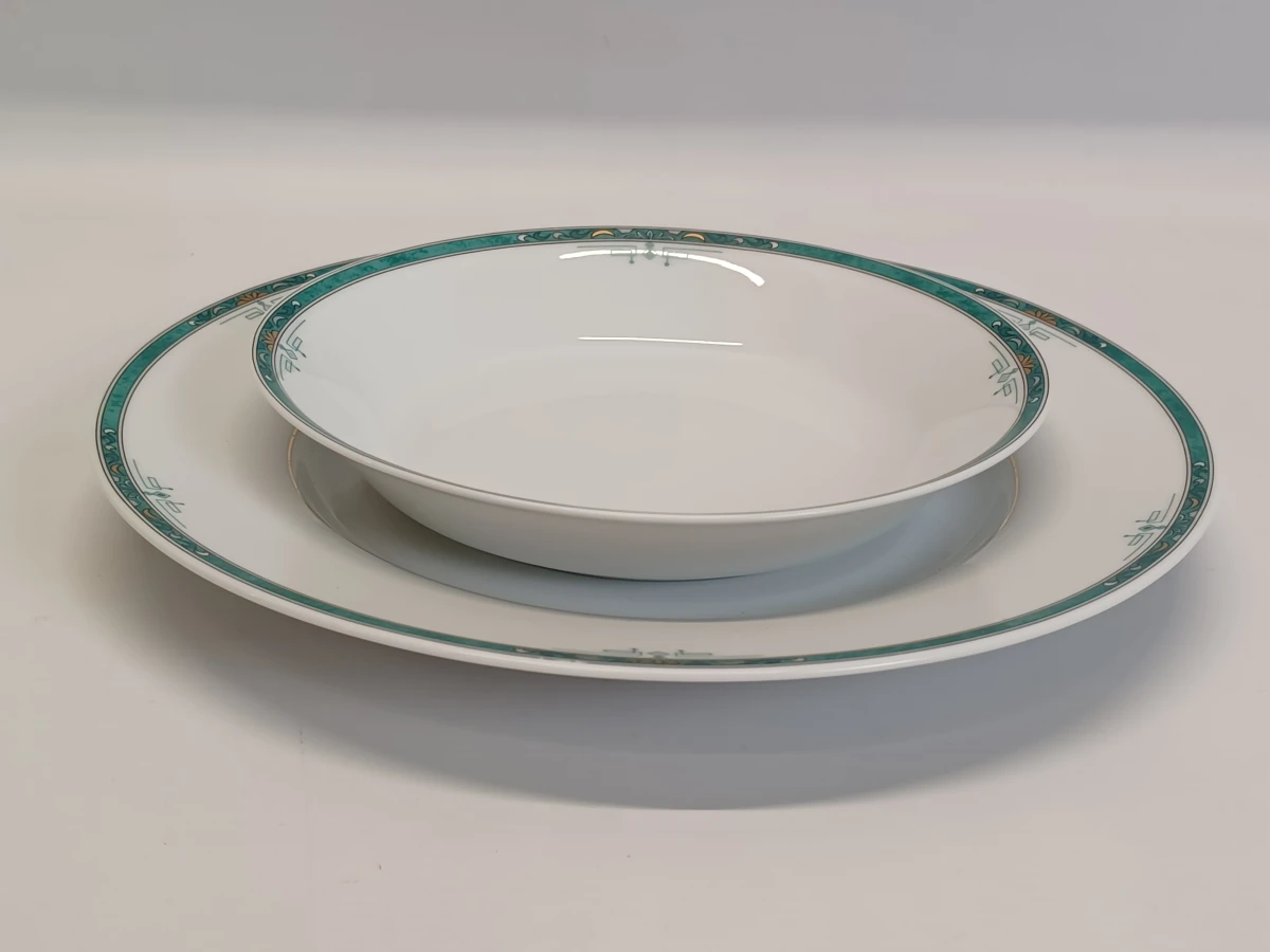 67-delig Porcelaine de Sologne servies met groene gemarmerde rand - Frankrijk - foto 28