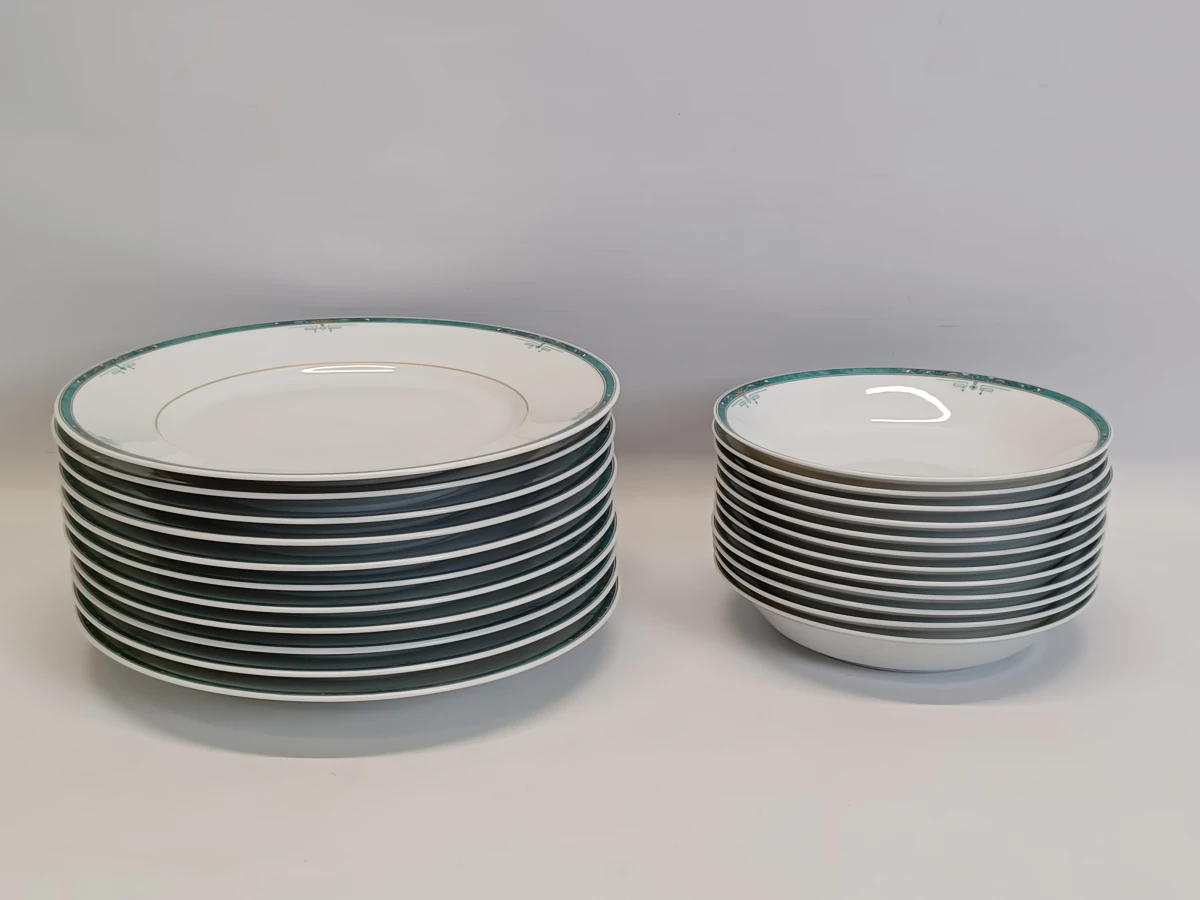 67-delig Porcelaine de Sologne servies met groene gemarmerde rand - Frankrijk - foto 21