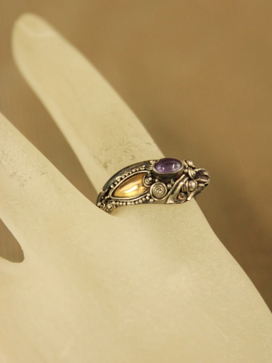 Vintage Aziatische sterling zilveren drakenring met amethist en verguld accent - foto 4