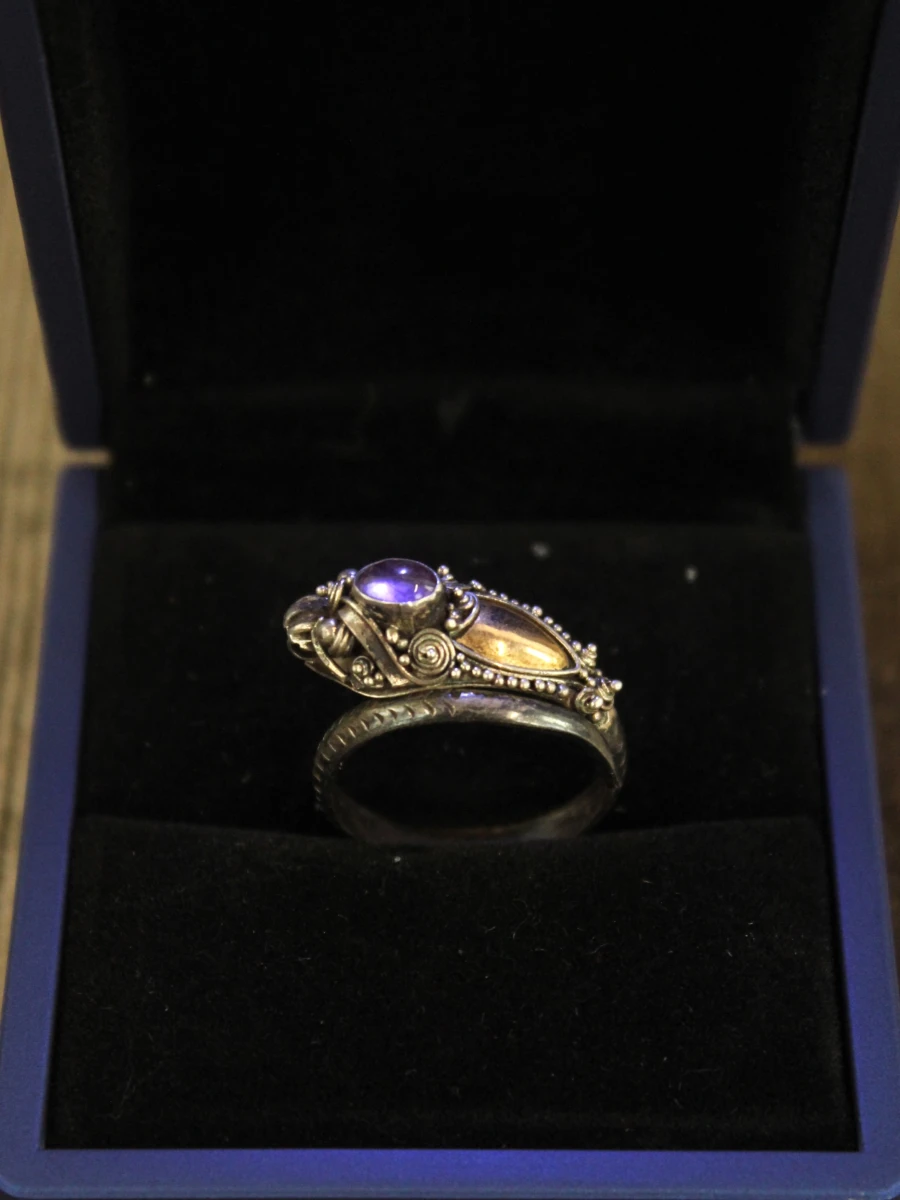 Vintage Aziatische sterling zilveren drakenring met amethist en verguld accent - foto 5