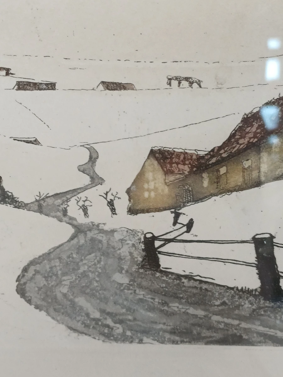 Ingelijste litho van een landschap met boerderijen en bomen - foto 6