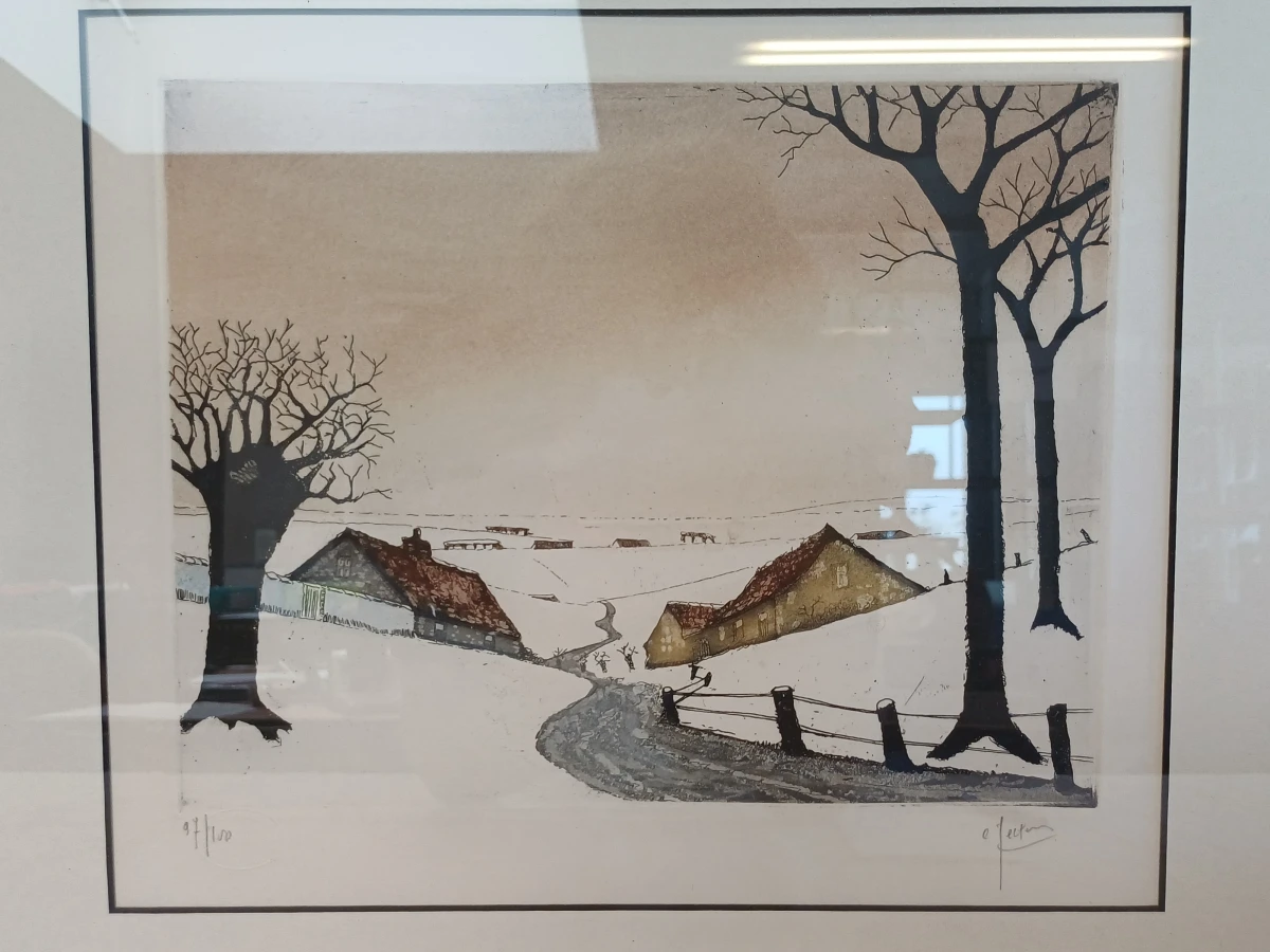 Ingelijste litho van een landschap met boerderijen en bomen - foto 2