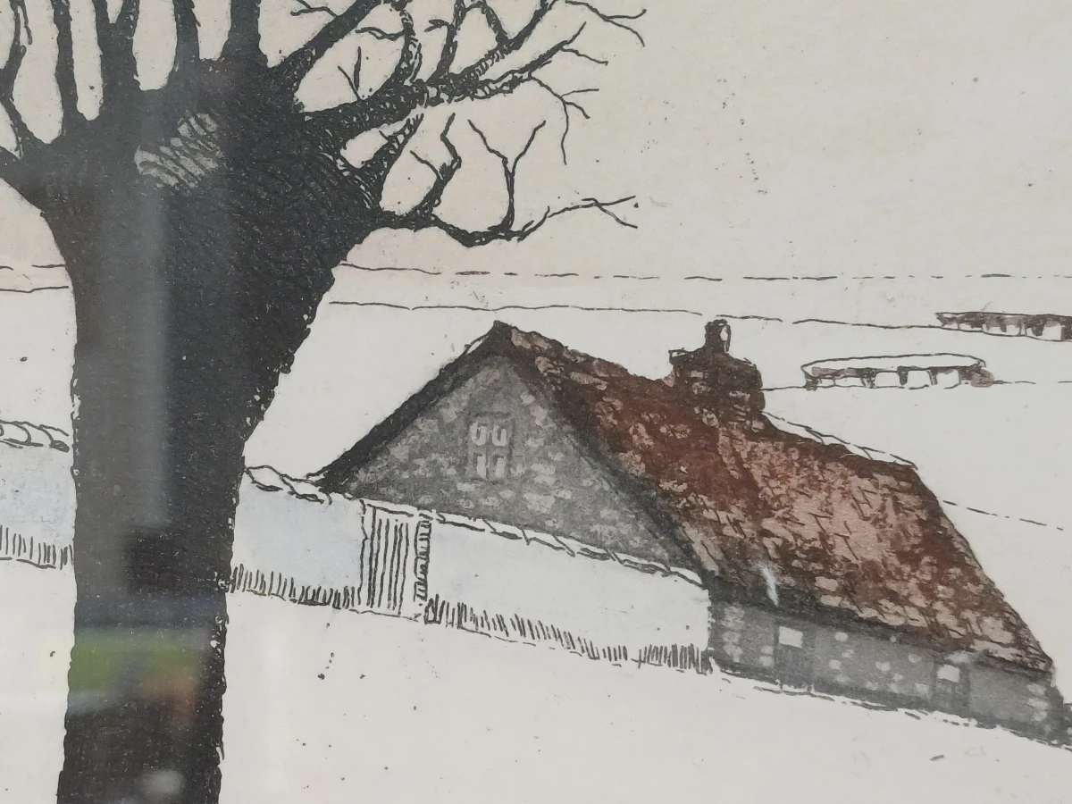 Ingelijste litho van een landschap met boerderijen en bomen - foto 5