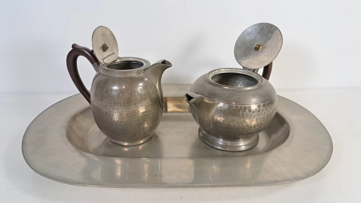 Vintage tinnen theeservies met dienblad - foto 14