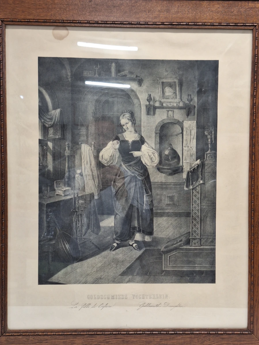 19e-eeuwse lithografie ‘Goldschmieds Töchterlein’ naar Wilhelm Nerenz - ingelijst - foto 3