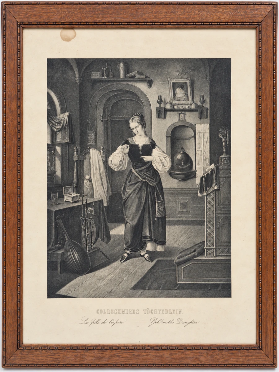 19e-eeuwse lithografie ‘Goldschmieds Töchterlein’ naar Wilhelm Nerenz - ingelijst - foto 2