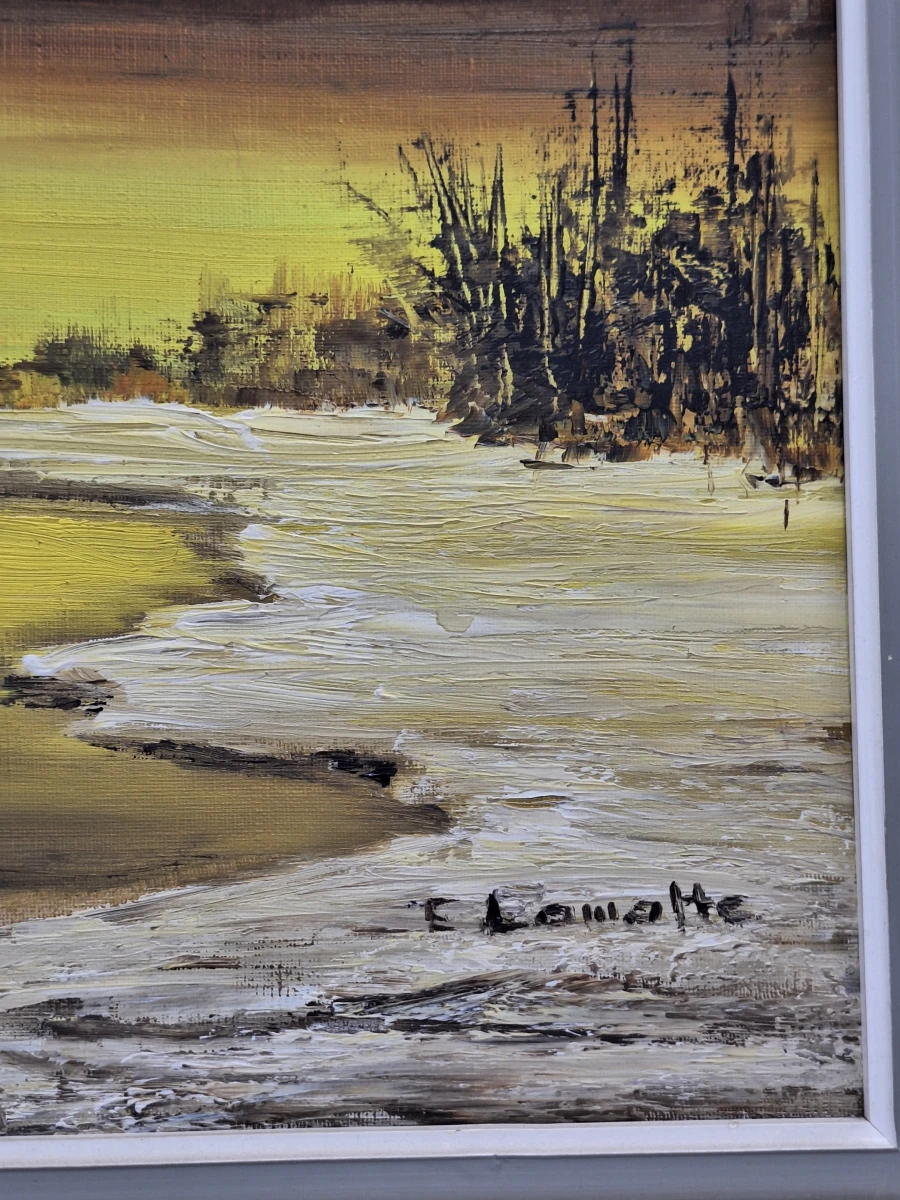 Olieverfschilderij van winters rivierlandschap bij zonsondergang - E. Lamotte - foto 4