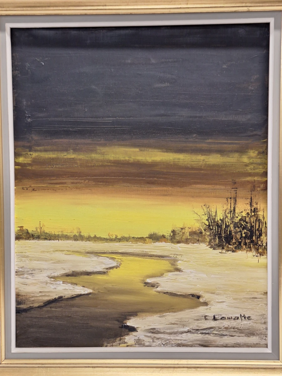 Olieverfschilderij van winters rivierlandschap bij zonsondergang - E. Lamotte - foto 2