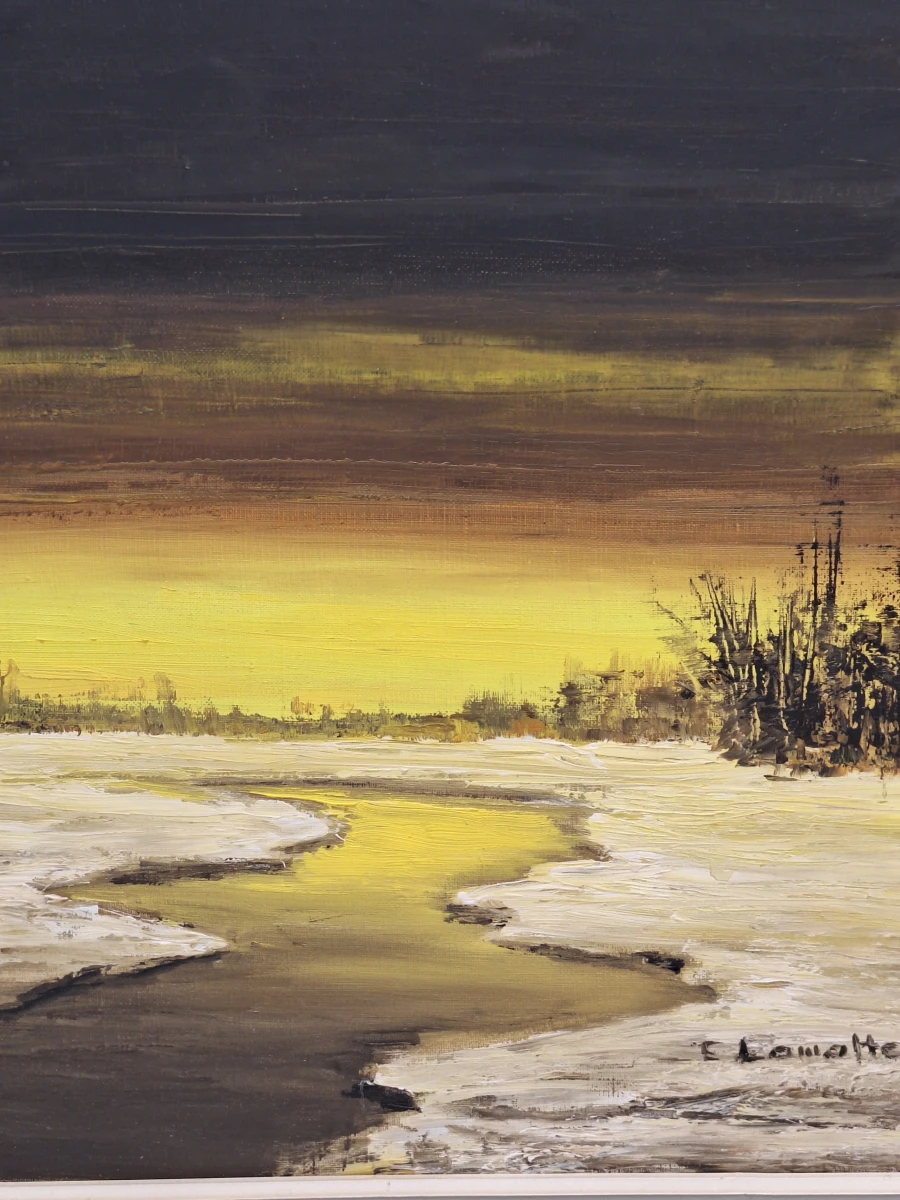 Olieverfschilderij van winters rivierlandschap bij zonsondergang - E. Lamotte - foto 3