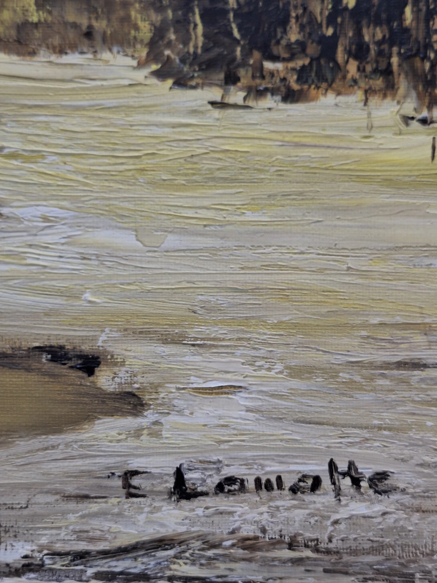 Olieverfschilderij van winters rivierlandschap bij zonsondergang - E. Lamotte - foto 5