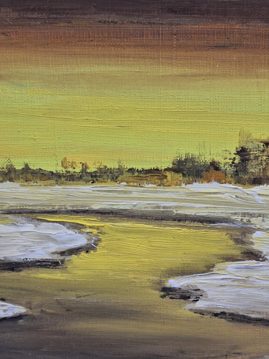 Olieverfschilderij van winters rivierlandschap bij zonsondergang - E. Lamotte - foto 9