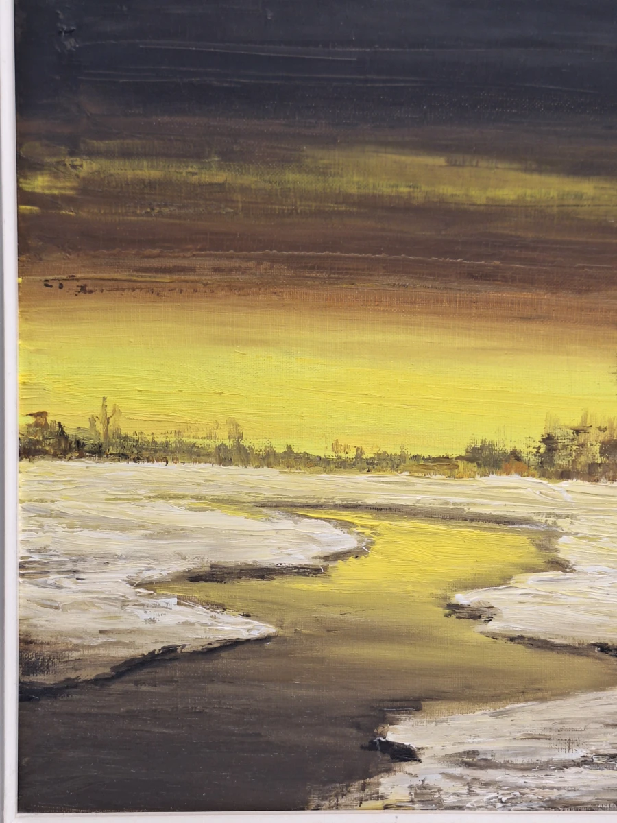 Olieverfschilderij van winters rivierlandschap bij zonsondergang - E. Lamotte - foto 6