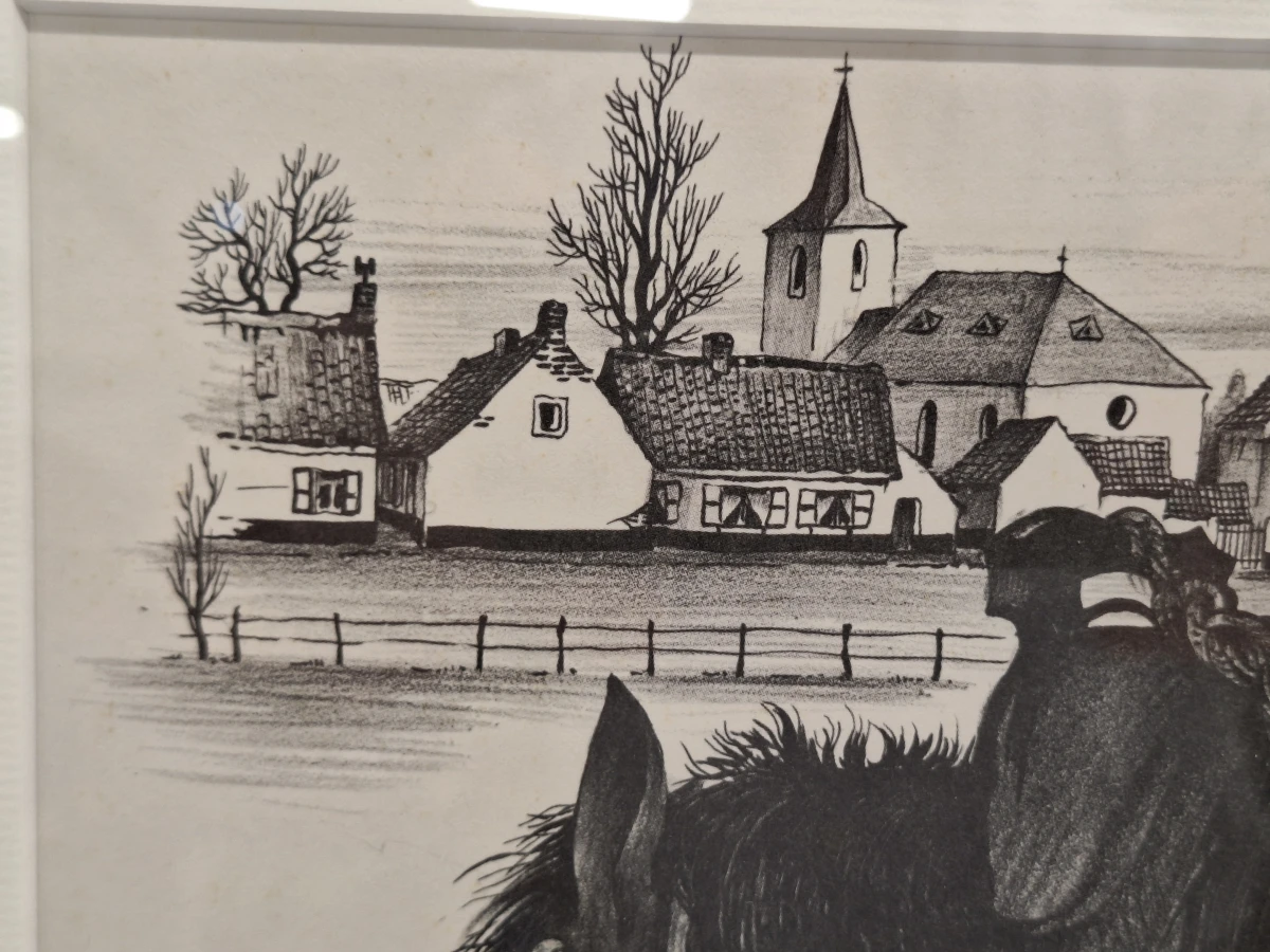 Handgesigneerde grafische prent met drie trekpaarden en dorpsgezicht - Oscar Bonnevalle - foto 6