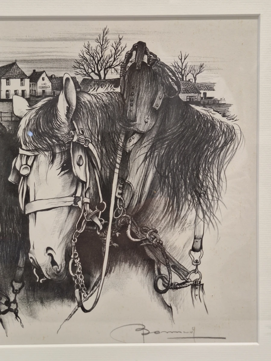 Handgesigneerde grafische prent met drie trekpaarden en dorpsgezicht - Oscar Bonnevalle - foto 5