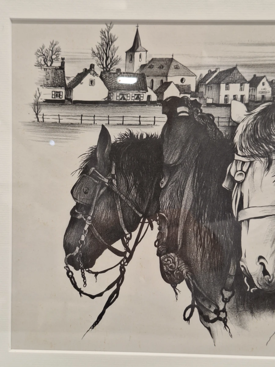 Handgesigneerde grafische prent met drie trekpaarden en dorpsgezicht - Oscar Bonnevalle - foto 4