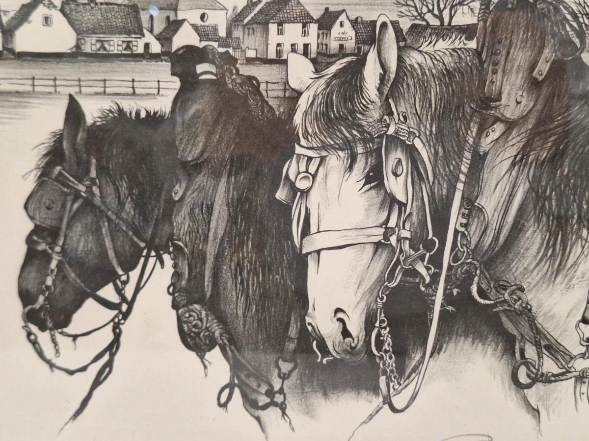 Handgesigneerde grafische prent met drie trekpaarden en dorpsgezicht - Oscar Bonnevalle - foto 3