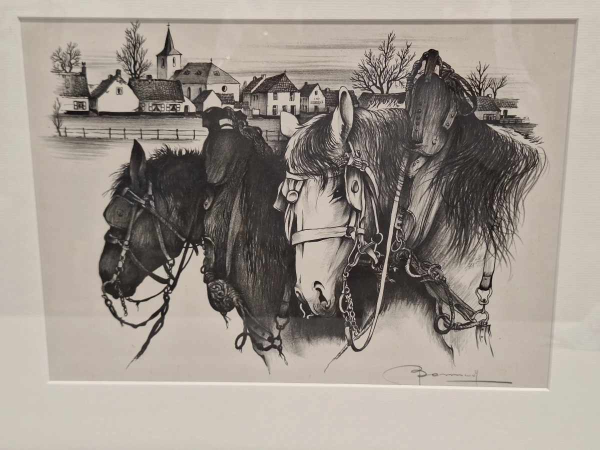 Handgesigneerde grafische prent met drie trekpaarden en dorpsgezicht - Oscar Bonnevalle - foto 2