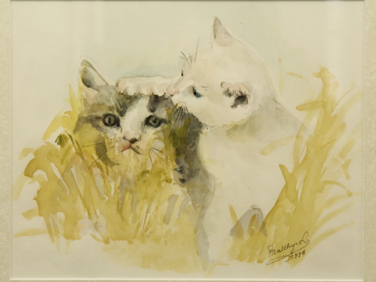 Aquarel schilderij van twee katten in pasteltinten  in houten lijst gesigneerd in potlood - foto 3