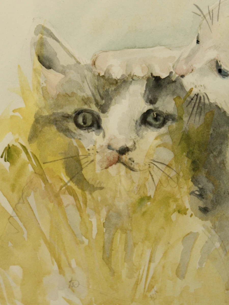 Aquarel schilderij van twee katten in pasteltinten  in houten lijst gesigneerd in potlood - foto 4