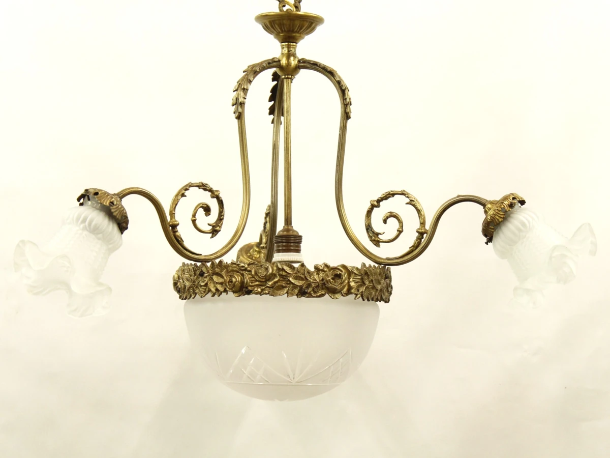 Antieke hanglamp met glas en messing decoratie - foto 5
