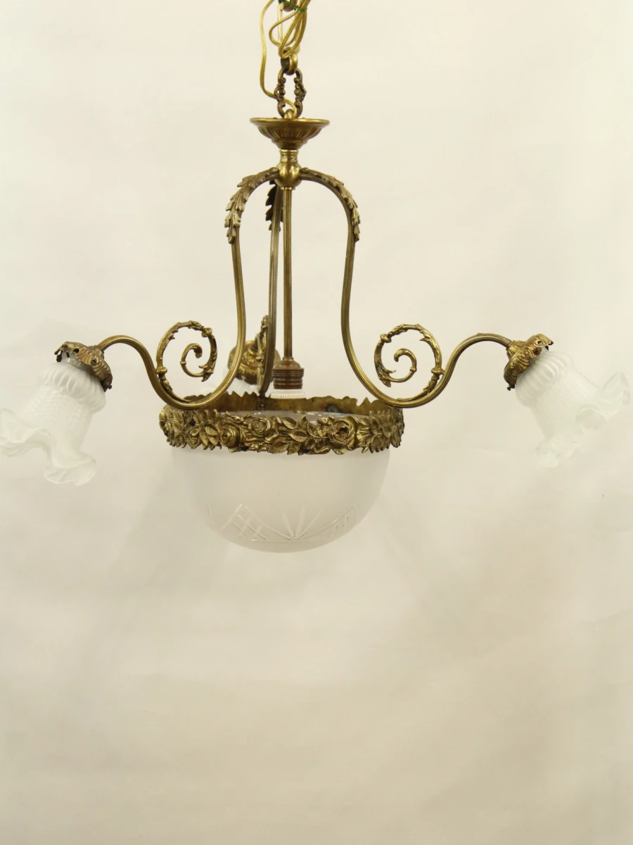 Antieke hanglamp met glas en messing decoratie - foto 6