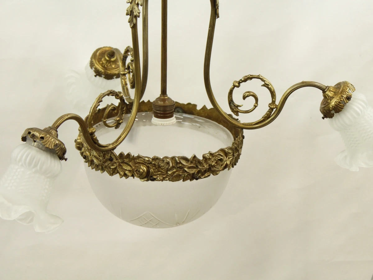 Antieke hanglamp met glas en messing decoratie - foto 7