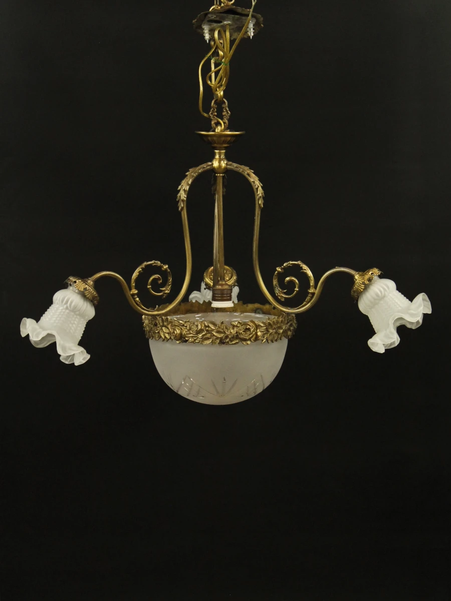 Antieke hanglamp met glas en messing decoratie - foto 9