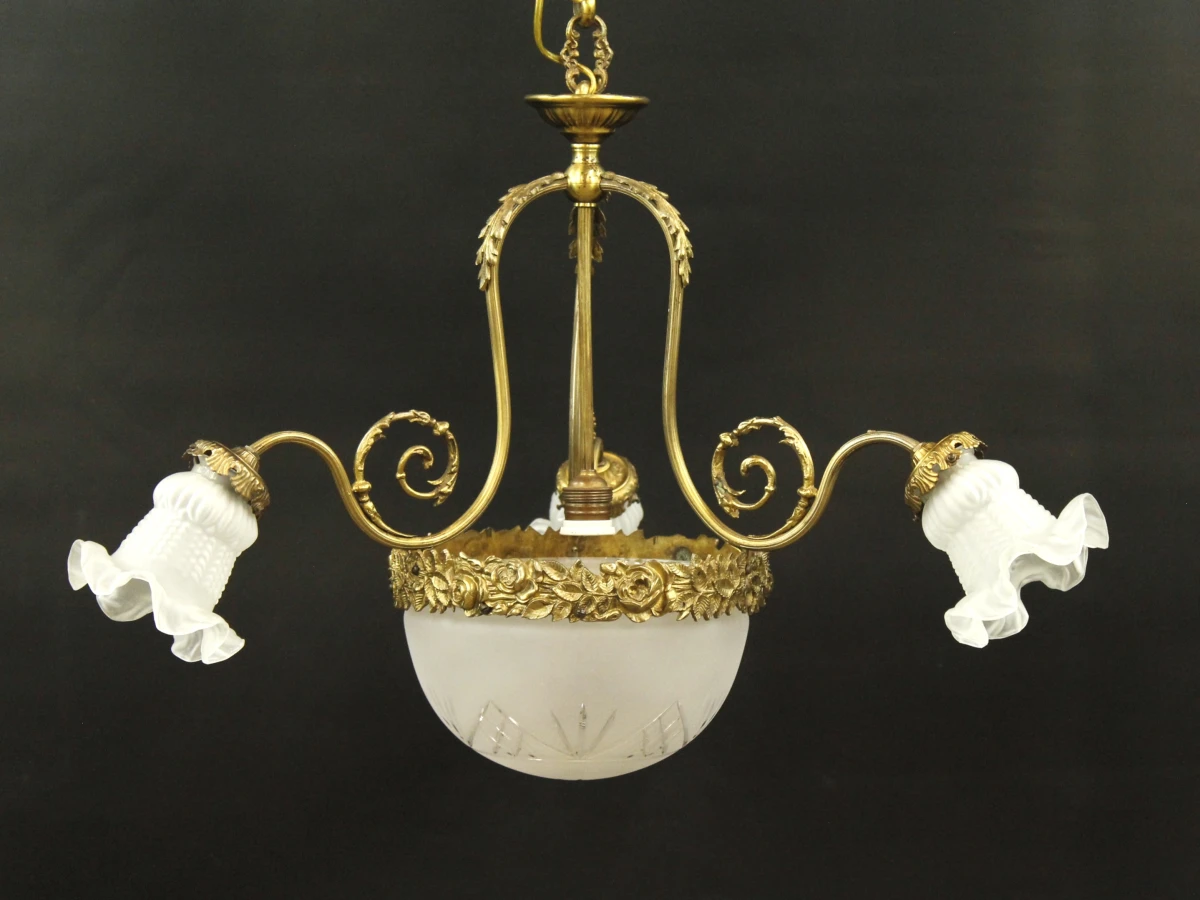 Antieke hanglamp met glas en messing decoratie - foto 10