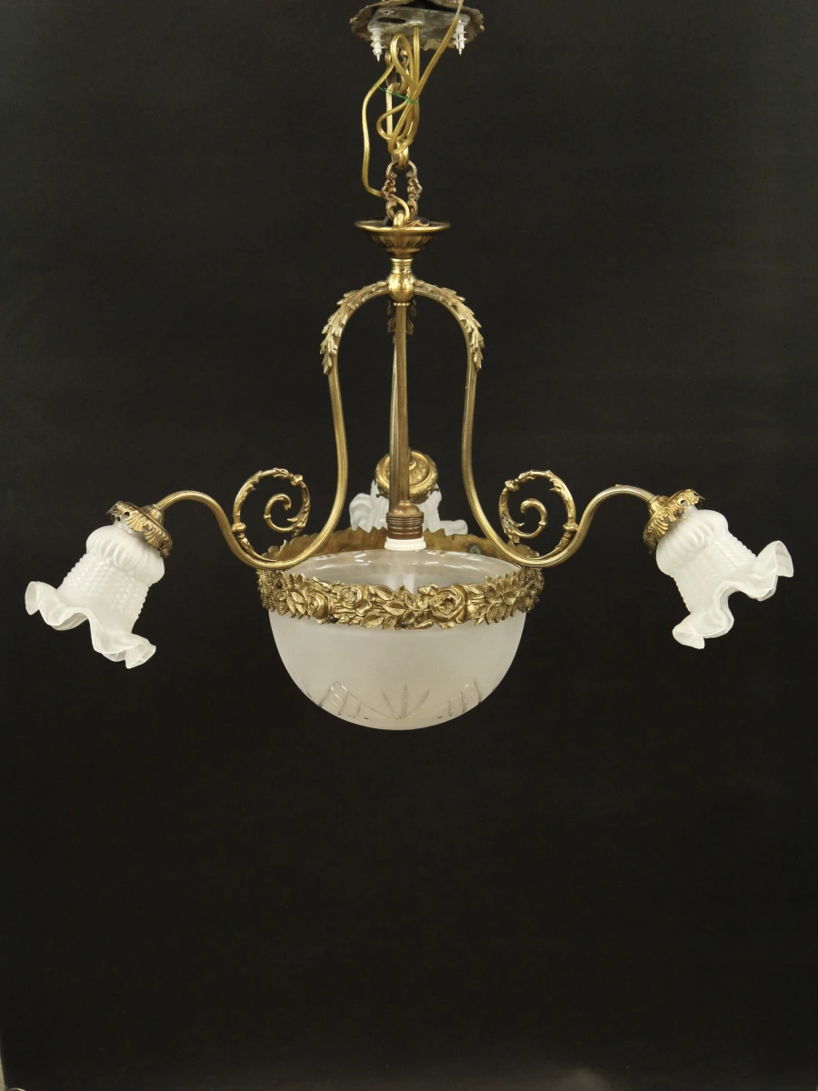 Antieke hanglamp met glas en messing decoratie - foto 11