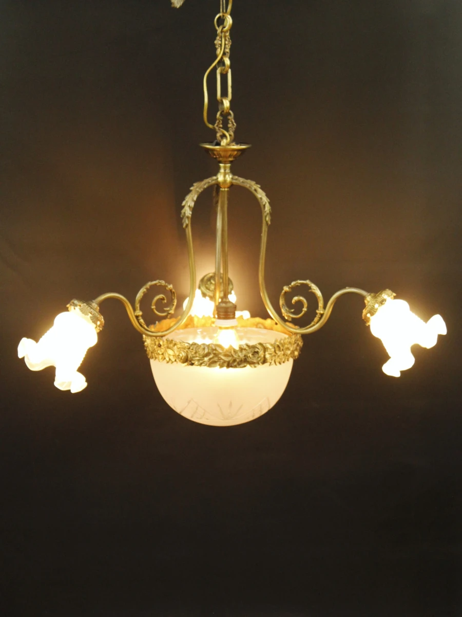 Antieke hanglamp met glas en messing decoratie - foto 12