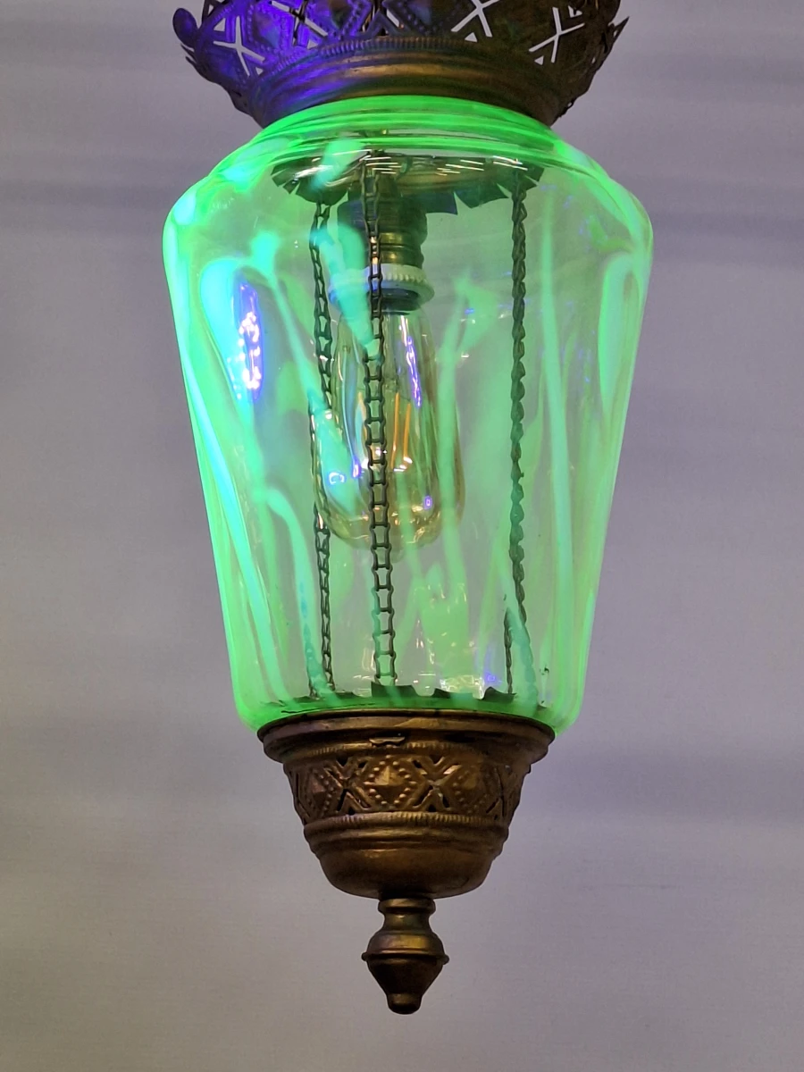 Antieke Art Nouveau hanglamp ca. 1900 - uraniumglas en rijk gedecoreerd metaal - foto 12