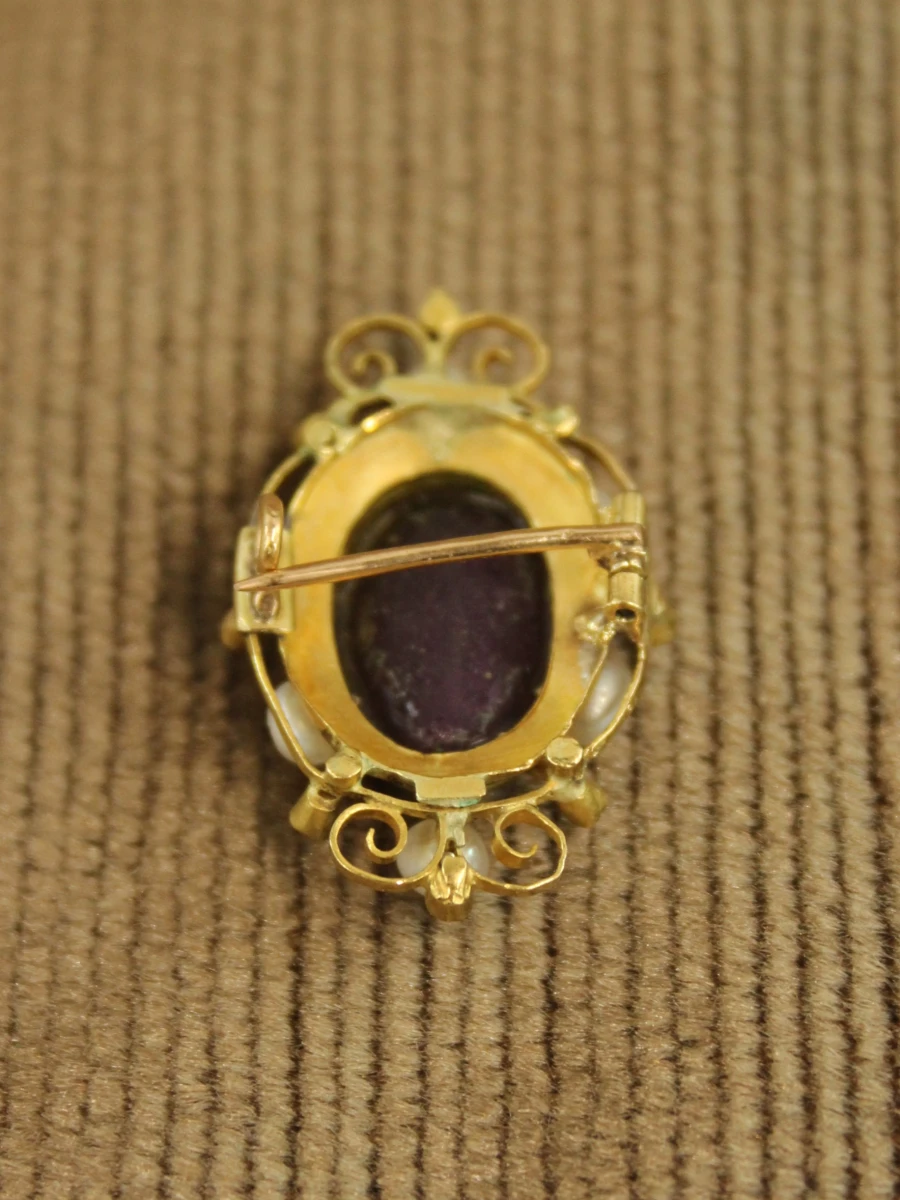 Antieke 18 karaat gouden broche met parels & diamant - foto 2